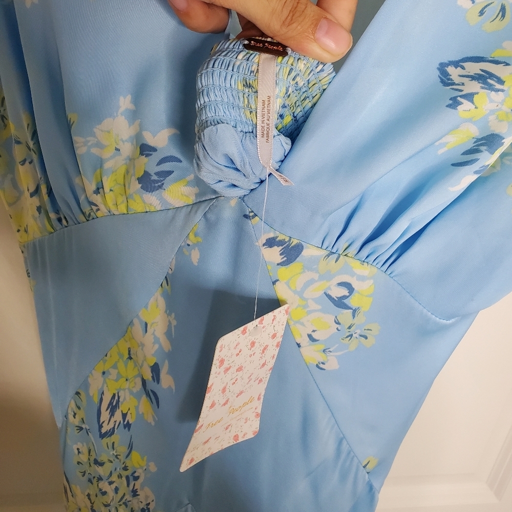 Free People Revolve Laura Blue Floral Print Satin Strappy Open Back Midi Dress - Picture 10 of 12